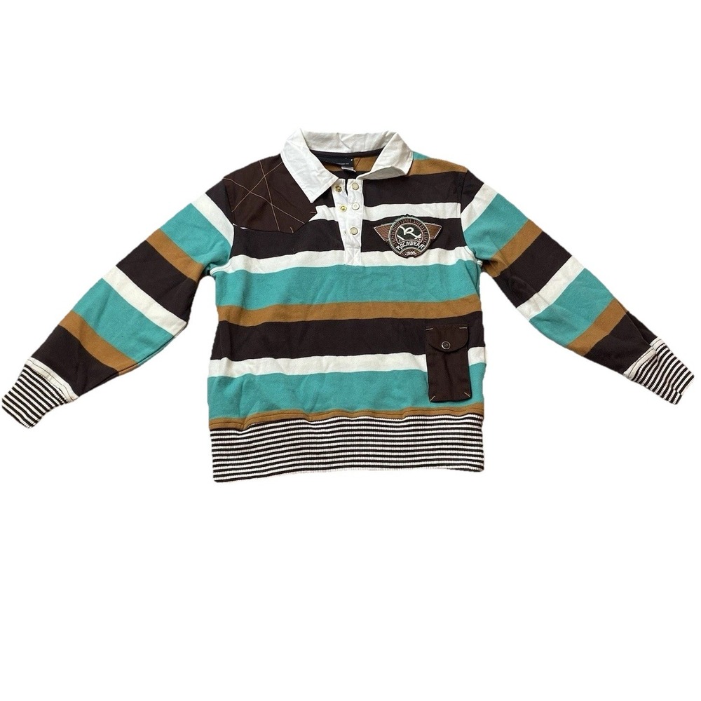 Y2K ROCAWEAR Striped Collared Sweater Boys Size XL Streetwear Turquoise Hiphop